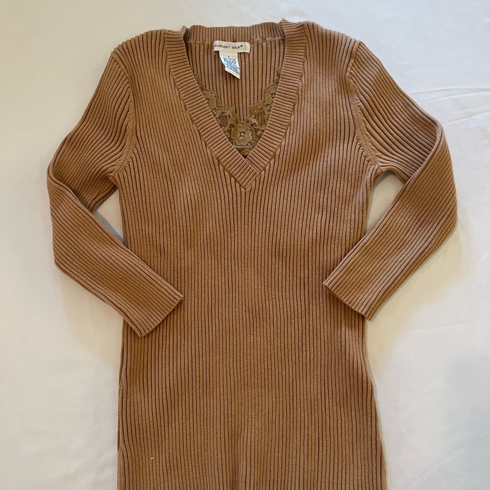 August Silk Camel Ribbed Knit Top